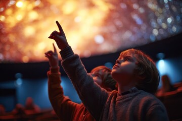 Kids exploring planets in immersive planetarium dome