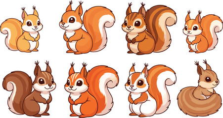 Obraz premium Cute Squirrel Characters in Different Poses and Fur Colors for Animal, Nature, and Cartoon Designs