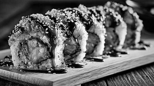 Sweet potato crunch sushi rolls with glaze on a wooden board