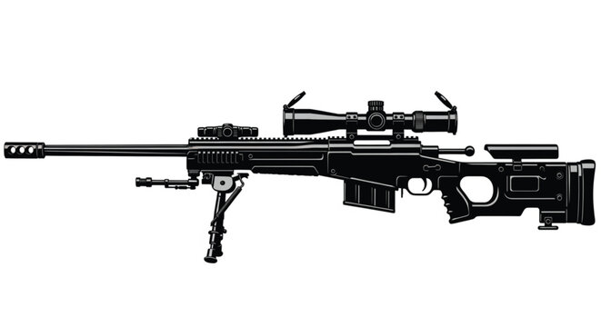 Tactical rifle vector illustration in black silhouette with detailed modern design for gaming esports military graphics and technical visual use
