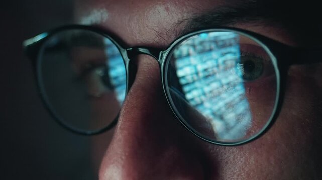 Human eyes behind glasses reflecting smartphone screen with scrolling news feed at night. Concept of information overload digital media consumption, endless flow of online news updates and information