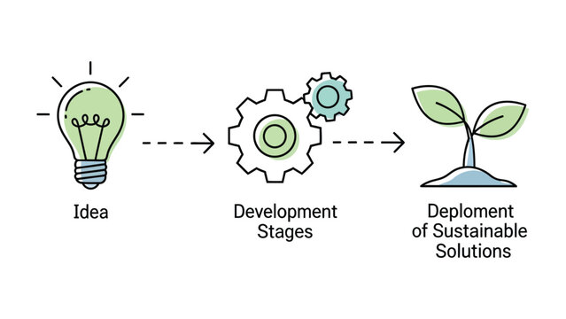 From Idea to Sustainable Solution: An illustration showcases the evolution of a concept into a tangible result. Depicted are the initial spark of an idea, the refinement stages of development.