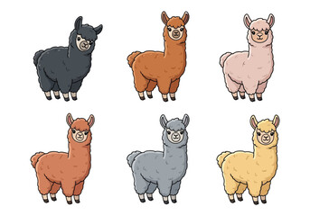 Fototapeta premium Set of cute cartoon alpaca characters in various colors standing in a row for kids design and animal collection