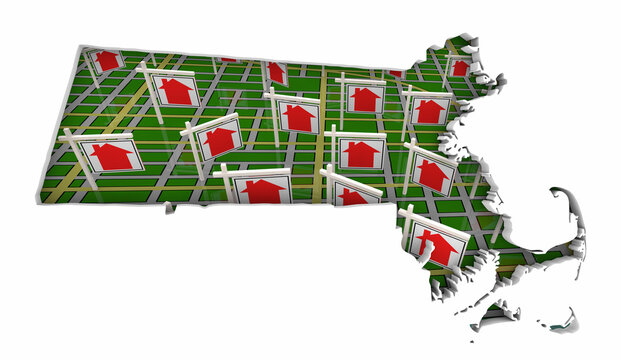 Massachusetts MA State Real Estate Market Homes Houses For Sale Signs Map Move Relocate 3d Illustration