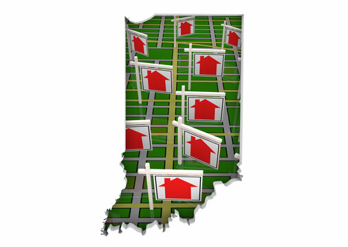 Indiana IN State Real Estate Market Homes Houses For Sale Signs Map Move Relocate 3d Illustration
