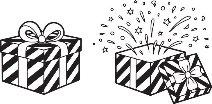 Funny Jack in the Box Surprise Toy Illustration Popping Out of Gift Box Design Element Vector. Gift Box Illustration Black and White