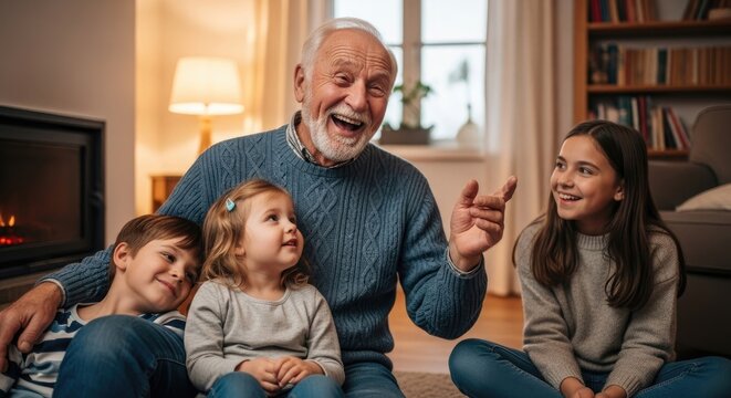 Grandfather and grandchildren sitting on the floor, laughing and talking.