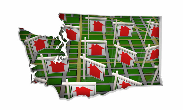 Washington WA State Real Estate Market Homes Houses For Sale Signs Map Move Relocate 3d Illustration