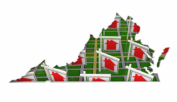 Virginia VA Real Estate Market Homes Houses For Sale Signs Map Move Relocate 3d Illustration