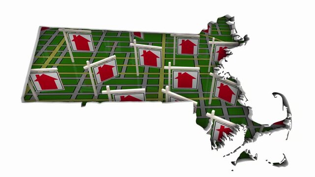 Massachusetts MA State Real Estate Market Homes Houses For Sale Signs Map Move Relocate 3d Animation