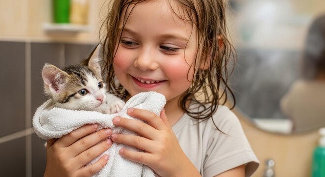 A young girl holding a kitten in a bathroom setting.