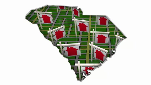 South Carolina SC State Real Estate Market Homes Houses For Sale Signs Map Move Relocate 3d Animation