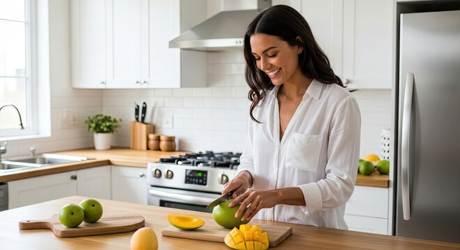 A woman in a white shirt slicing a mango in a modern kitchen.