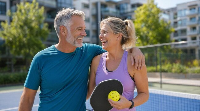 Happy Mature Couple Laughing Together After Playing Pickleball Outdoors For Active Senior Lifestyle Concepts
