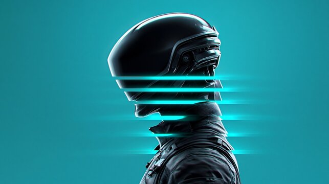 Eine Person mit schwarzem Motorradhelm und Lederjacke wird von leuchtend t&uuml;rkisfarbenen Linien horizontal durchzogen