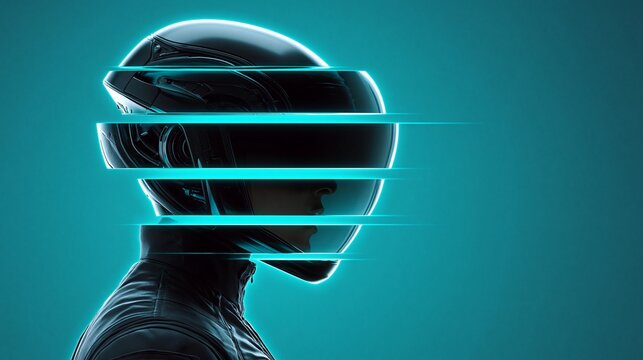 Eine Person mit schwarzem Motorradhelm und Lederjacke wird von leuchtend t&uuml;rkisfarbenen Linien horizontal durchzogen
