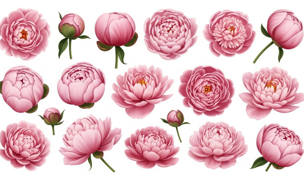 Realistic pink peony blossoms set in different blooming stages 3D floral illustration
