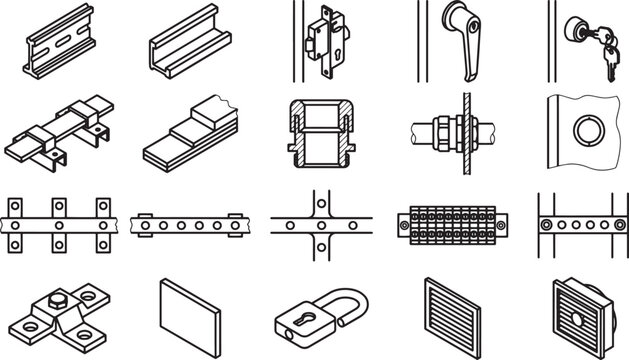A detailed collection of mechanical fasteners, including various clips, latches, handles, and locks.