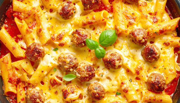 Cheesy baked ziti and meatballs, top view, full frame, closeup. AI