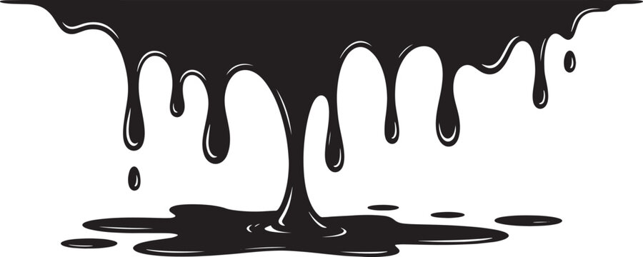 Black dripping liquid or paint splash effect, abstract fluid shapes, dark viscous substance, graphic element Vector Illustration.