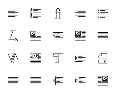 Alignment & Paragraph icon set. Minimal vector icons pack for text editing. Includes align left, align right, bullet list, indent, justify, font size, image, page and more. Editable stroke.