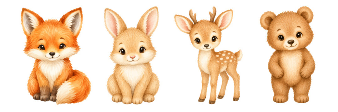 A charming watercolor set of woodland animals featuring a fox bunny deer and bear with soft fur textures and gentle expressions illustrated in a cute storybook style.
