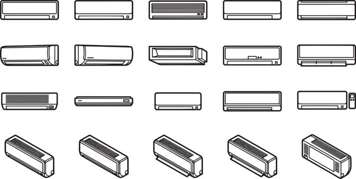 Collection of minimalistic air conditioners, various designs for cooling and comfort.