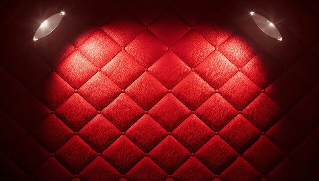 Luxurious red tufted leather wall with spotlight illumination