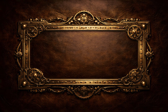レザー調背景に映える豪華なスチームパンク装飾フレーム