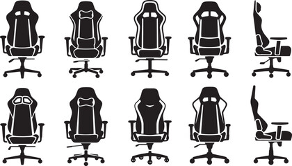 Set of 10 modern gaming chair silhouettes. various angles of ergonomic gamer seat with adjustable features for comfort Vector Illustration. © MstSahida