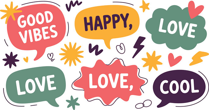 Speech bubbles with positive affirmations and decorative elements, good vibes happy love cool, fun retro doodles Vector Illustration.