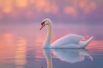 Obraz premium Graceful swan gliding on lake at sunset