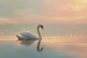 Fototapeta premium Swan on water with pastel sunset