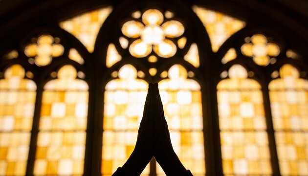 Silhouette of hands clasped in prayer against golden stained glass window. Spiritual meditation for General Prayer Day. Religion, faith, hope and belief concept in Christian church.