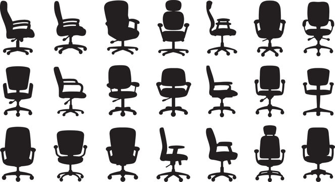 Variety of office chair silhouettes, ergonomic seating options, swivel chairs, home office furniture Vector Illustration.