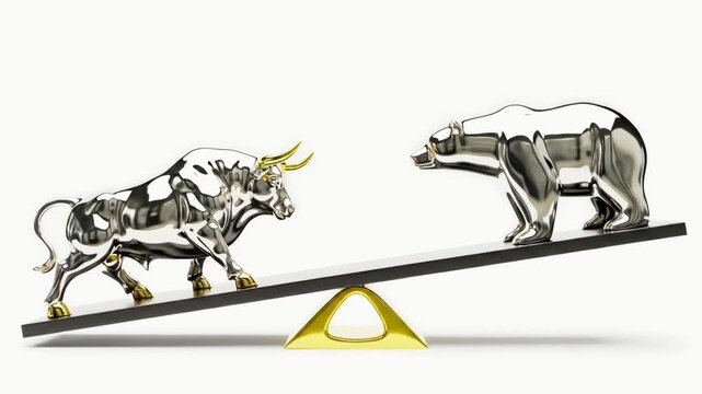 Dynamic financial concept animation showing the dominance of bull and bear markets symbolizing market trends, trading psychology, and economic cycles. The powerful visual contrast represents rising 