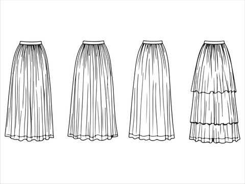 Four different styles of long pleated skirts for women fashion illustration