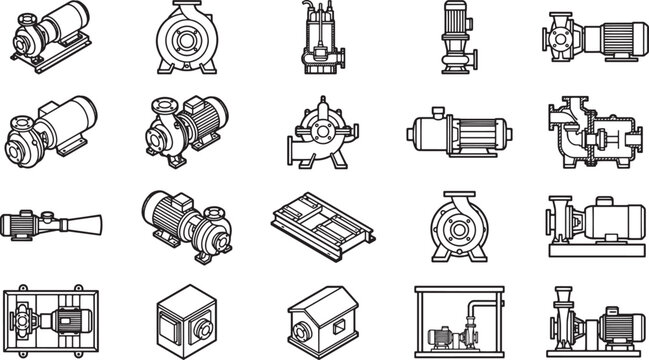 Mechanical pump series illustration, showcasing a variety of industrial pump designs in a precise and technical illustration,perfect for engineering.