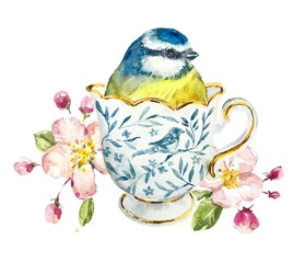 Bird titmouse in teacup with blossoming apple tree. A fun tea party. Watercolor painting. Greeting cards. Hand-drawing illustration © budogosh