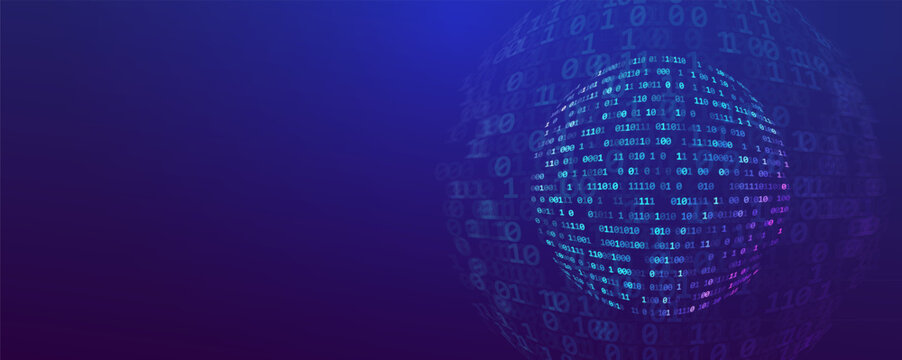 3d sphere with binary code banner with 0 and 1 digits in a dynamic flowing space. Futuristic technology background for IT, web, data, cyber security and digital projects.