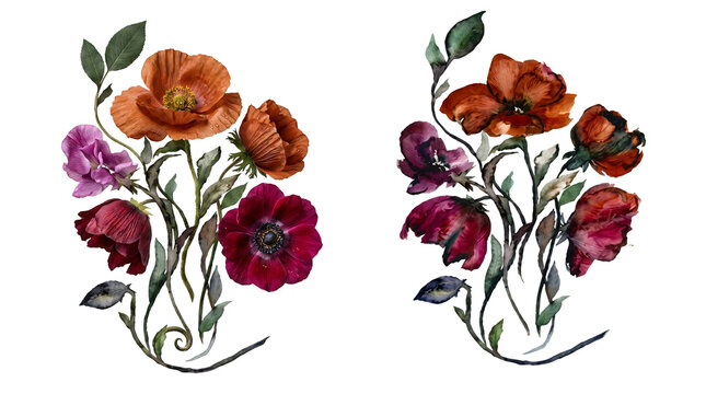 Vintage floral sconces with red and pink flowers on black background