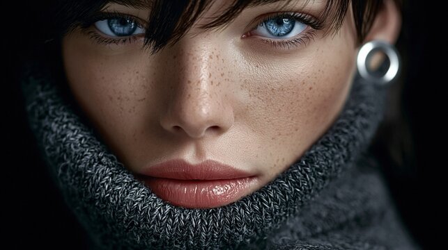 Ein Nahaufnahme-Portr&auml;t einer Frau mit blauen Augen und Sommersprossen, eingeh&uuml;llt in einen grauen Strickschal