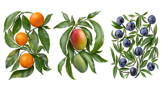 Three types of fruit and leaves on black background