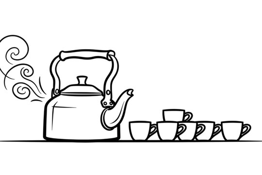 Street Tea Stall Kettle and Cups Line Art Vector