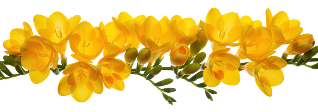 Yellow freesia flower border for spring greeting cards, Easter invitations and floral frame artwork with transparent cutout stems for wedding layouts, florist promotions and seasonal sale graphics