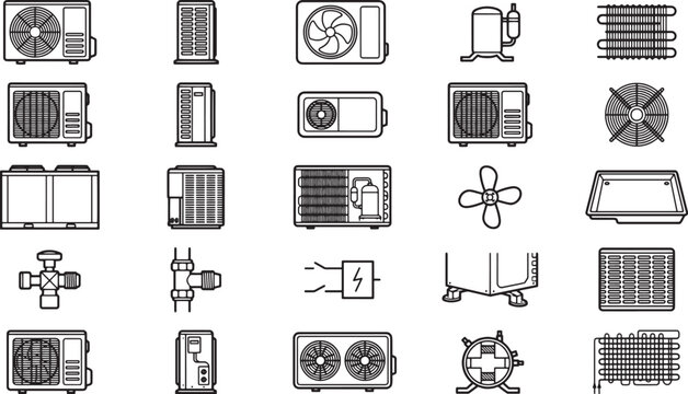 Air conditioning units icons set, presenting an illustrative overview of various systems and their components.