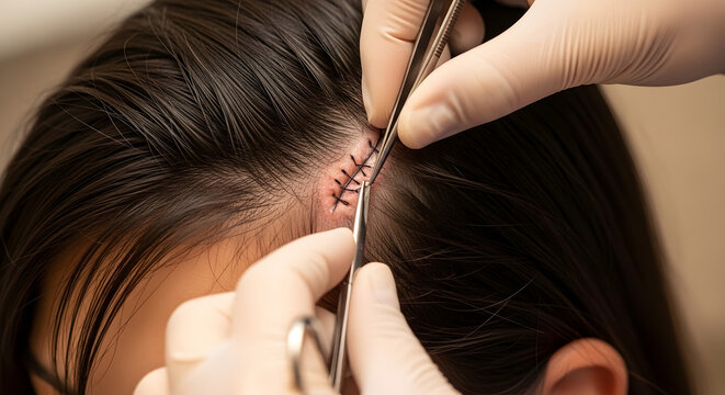 Scalp Suture Removal  Doctor Removing Stitches from Head Wound Close-Up