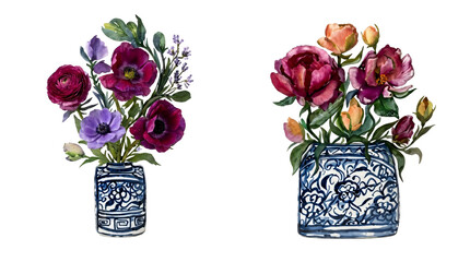 Obraz premium Two vases of colorful flowers on black background