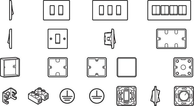 Electrical switches and fixtures in various designs, showcasing a comprehensive collection of modern switches and their detailed designs.