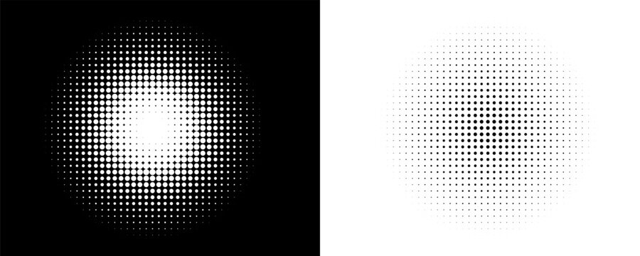 Halftone gradient circles collection. Dots textured round patterns. Cartoon comic radial faded background set. Abstract pixelated elements for frame, poster, collage, banner, flyer. Vector bundle